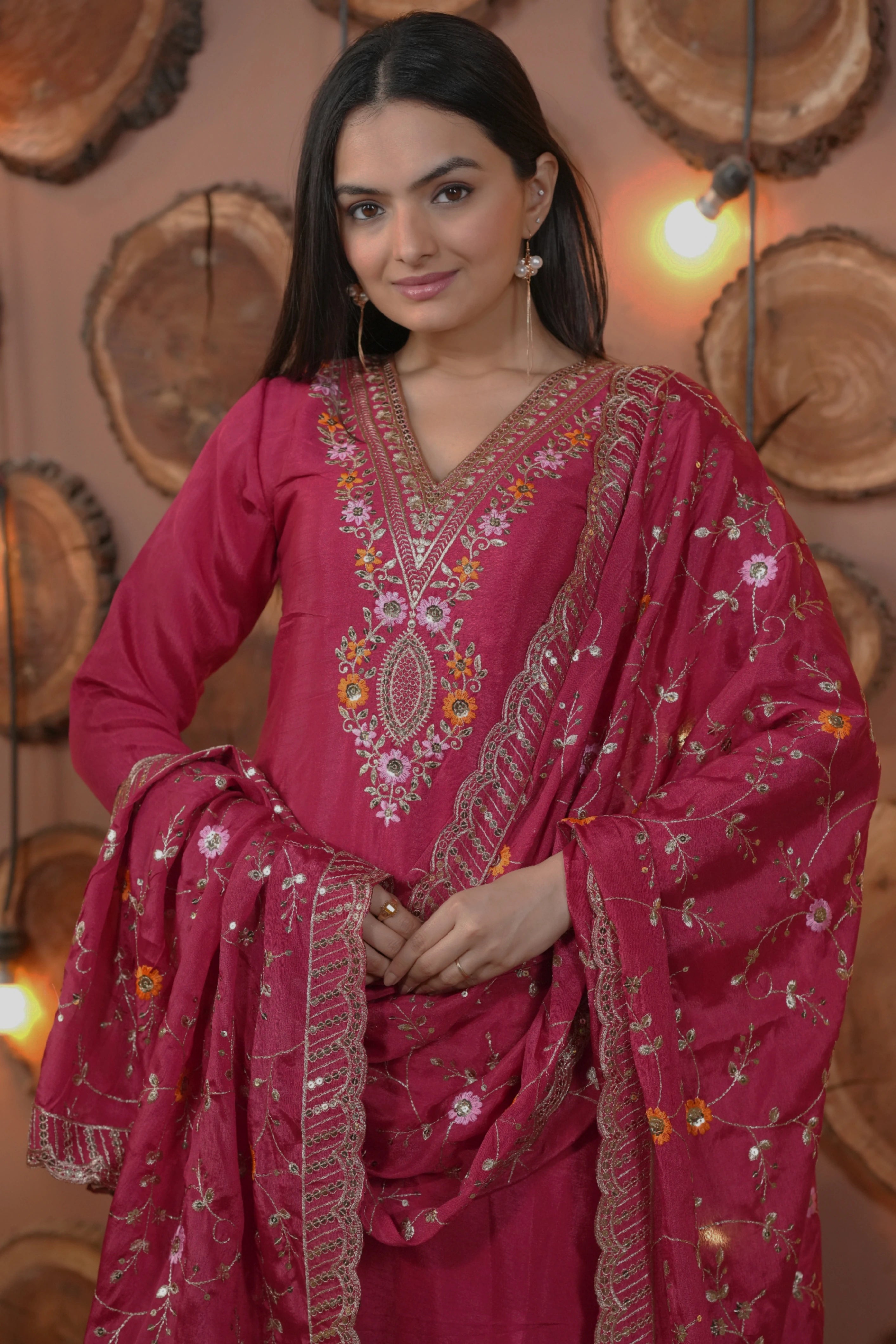 Dark Pink Sequins Embroidery Work Chinon Suit – Kalyanja